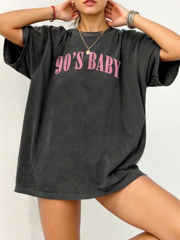 EMERY ROSE Plus Size Women Letter Print Round Neck Short Sleeve Casual Loose T-Shirt