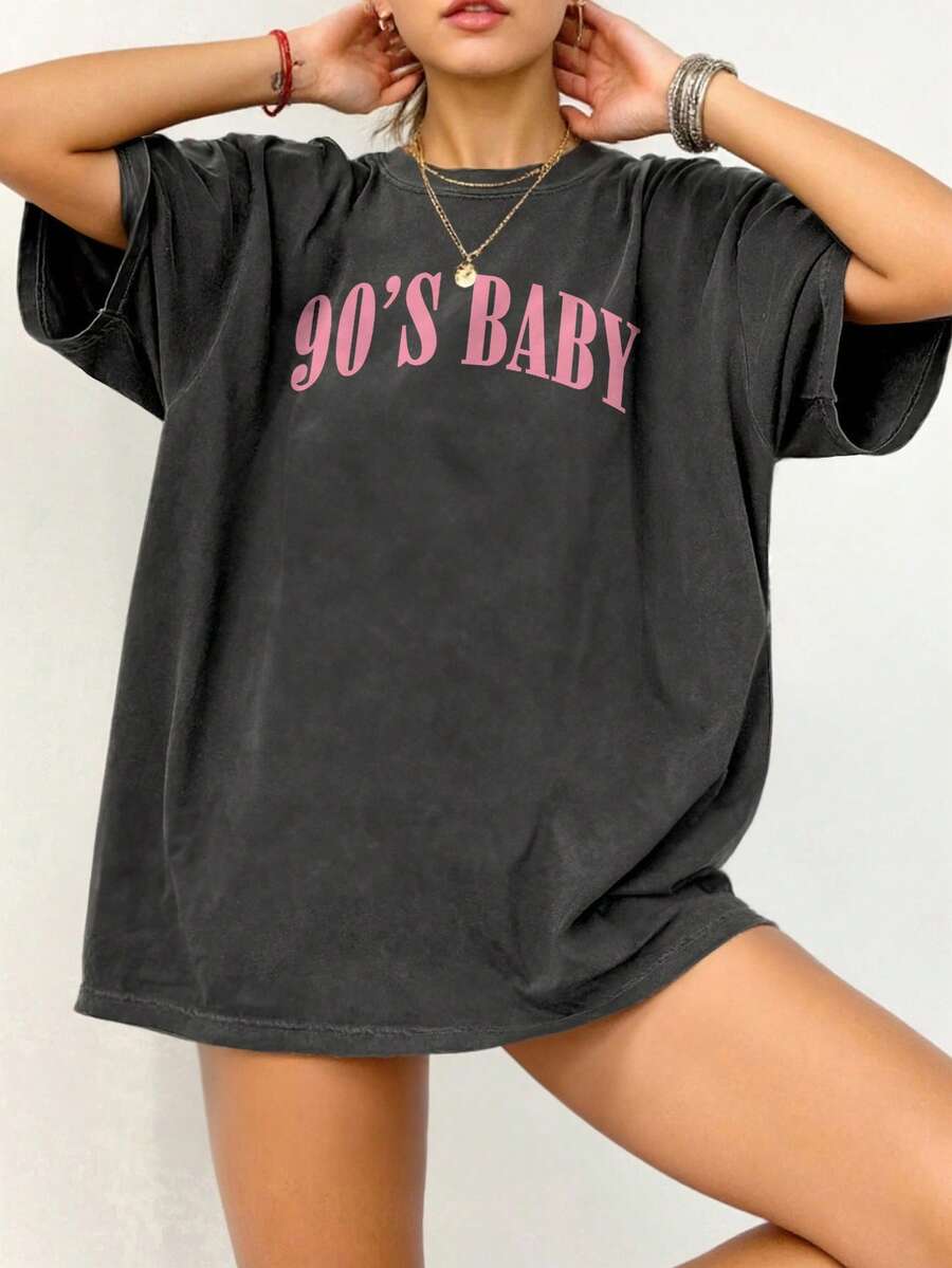 EMERY ROSE Plus Size Women Letter Print Round Neck Short Sleeve Casual Loose T-Shirt