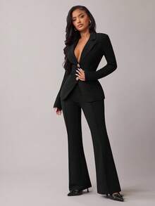 Radiana Women's Elegant Business Black Long Sleeve Suit Set, Gold Button Decor Waist Fitted Blazer + Slim Flare Pants 2 Pieces Outfit, Casual Business Attire Suitable For Commuting, Office, Workplace, Party, Daily Wear, Formal Occasions, Slim Fit, Figure Flattering - Black - View 4
