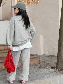 DAZY 2pcs/Set Tween Girls Crew Neck Letter Embroidered Sweatshirt Set, Fall - Light Grey - View 5