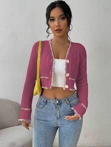 EMERY ROSE 女士优雅撞色饰边短款开衫 - 中紫紅色 - 查看 4