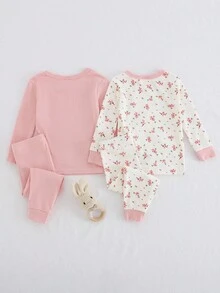 Cozy Pixies Baby Girl Floral Print Knit Soft Crew Neck Long Sleeve Top And Elastic Waist Leggings 2 Pieces Snug Fit Pajama Set Fall Winter - Multicolor - View 2