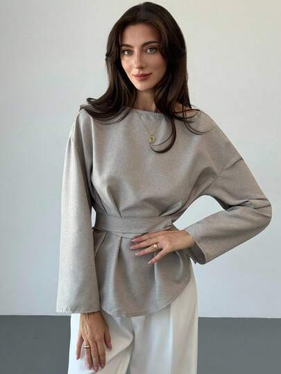 Aloruh New Linen-Like Khaki Long Sleeve Cinched Waist Waist Slim Fit Shirt For Women, Autumn