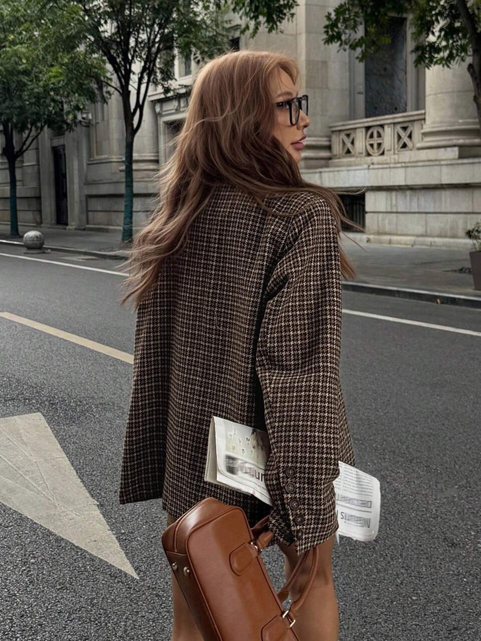 Women's Loose Plaid Blazer Jacket, Autumn Business Attire Western Outfits For Women