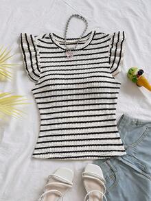 Soleia Women's Casual Colorblock Striped Ruffle Sleeve T-Shirt, Suitable For Party, Christmas, Date, Nightclub, Bohemian, Boho, Vacation, Fall