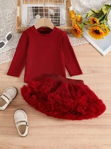 SHEIN 女婴长袖T恤和TUTU裙休闲套装 - 紅色 - 查看 2