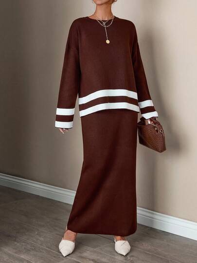 EURMUSE Casual Crew Neck Drop Shoulder Constrast Color Stripe Hem Sweater & Maxi Solid Color Fitted Bodycolor Knit Skirt 2 Pieces Knit Set For Fall Winter Women Outfits