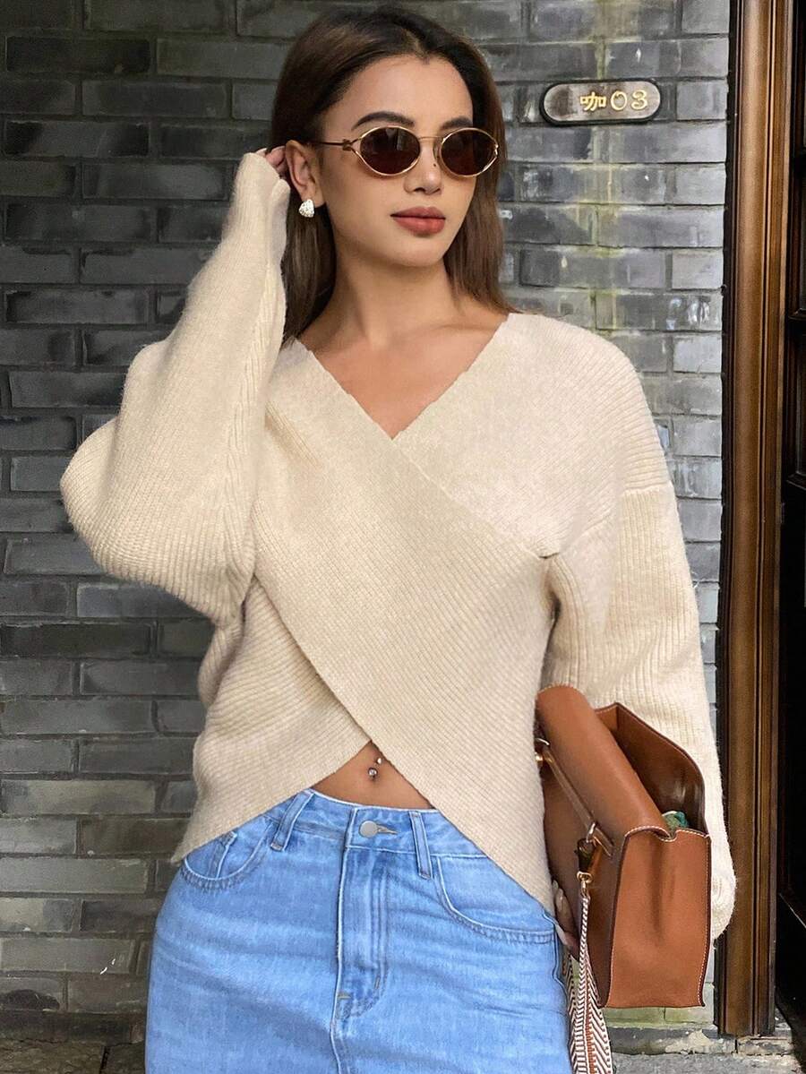 DAZY Women's Elegant Solid Color V-Neck Sweater, Autumn - Apricot - View 1