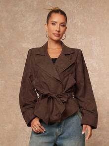 Lumalex 秋冬派对晚宴宴会低调奢华复古闪耀假日派对狂欢节郊游度假户外丰富层次婚礼季宴会成人礼压花腰果花图案腰带宽松女士风衣奢华舞会证件照宰牲节派对新年 - 巧克力棕 - 查看 5