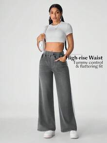 SHEIN Unity 女式松紧腰侧条纹口袋阔腿宽松休闲牛仔裤 - 灰色 - 查看 6