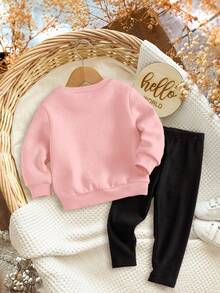 SHEIN Happikins 2pcs Baby Girl Casual Cute Minimalist Bow Decor Thick Soft Long Sleeve Crew Neck Sweatshirt And Pants Set, Suitable For Autumn & Winter Fall Clothes