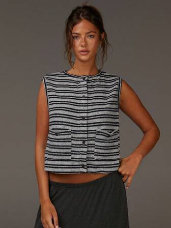 Athîral 女士灰黑条纹针织上衣 | 宽松版型，圆领，前口袋，纽扣门襟，百搭休闲服（瑜伽/日常/居家）针织上衣，条纹休闲服，舒适服，纽扣前襟上衣，瑜伽服，家居时尚