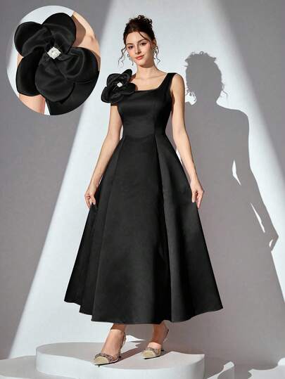 Poshira Vestido de noche elegante sin mangas con cuello cuadrado y decoración de flores 3D, vestido de fiesta, vestido de invitada de boda, vestido de graduación para mujer