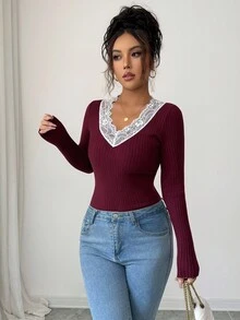 Elenzga Women's V-Neck Lace Patchwork Long Sleeve Knit Undershirt - Burgundy - View 1