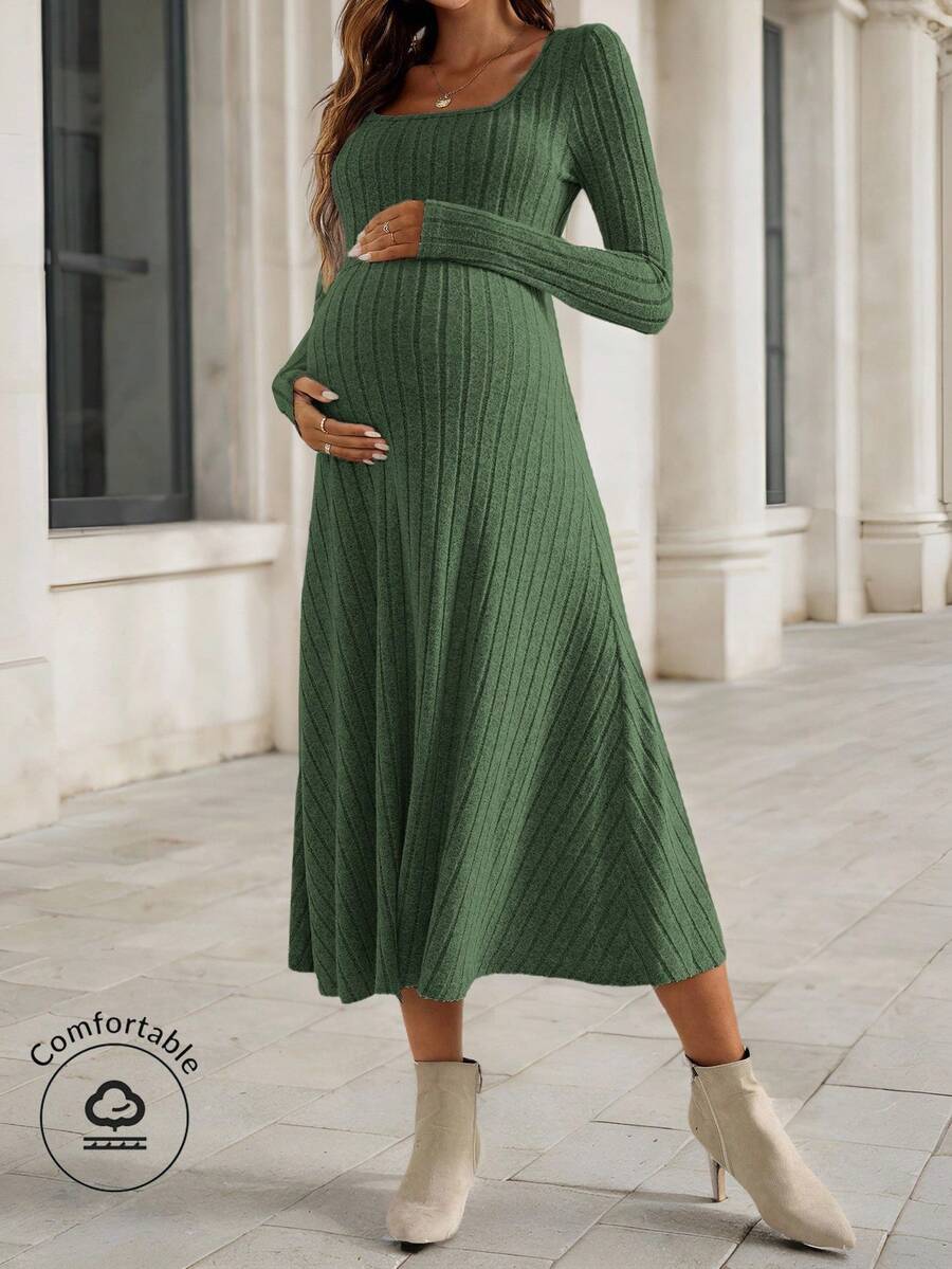 SHEIN Maternity Casual Sage Green Autumn Photoshoot Ribbed Knit Dress,Bump Friendly Solid Color High Waist Midi Dress - Army Green - View 1
