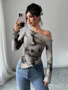 Firerie 女士休闲优雅不对称下摆褶皱斜肩长袖T恤，适合秋冬季节，扎染印花 - 彩色 - 查看 6