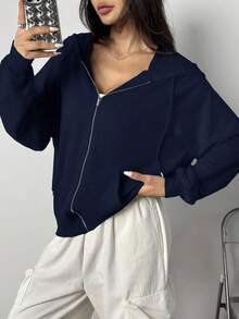 SHEIN EZwear 女式纯色海军蓝长袖连帽针织衫拉链连帽衫秋冬款 - 藏蓝色 - 查看 5