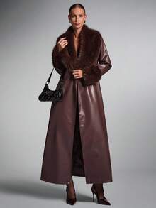 SHEIN BAE Women's Autumn Burgundy PU Leather Patchwork Faux Fur Collar Luxury European & American Style Long Elegant Cinched Waist Coat For Women, Autumn/Winter, Long Burgundy Coat,Winter Clothes For Women - Coffee Brown - View 7