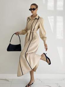 Siren Gaze 优雅休闲女装秋季秋装女装冬装，2025新款奢华老钱风格亚麻连衣裙，条纹长袖单排扣系带衬衫裙，杏色配黑色饰边，适合工作、派对、婚礼嘉宾、海滩、圣诞节、感恩节、万圣节、新年 - 杏色 - 查看 4