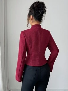 SHEIN Elenzya 优雅女士立领夹克，收腰，单排扣，精致粗花呢设计 - 紅色 - 查看 3