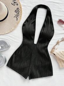 Soleia Women's Vacation White Knit Textured Wavy Pattern Deep V Neck Backless Sexy Bodysuit, Fashionable Fitted For Party, Date, Afternoon Tea, Boho Vacation, Beach, Summer Outfit - Black - View 7