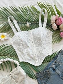 Soleia 女士不对称下摆无袖提花梭织前开襟纽扣上衣，适合度假、派对、圣诞节、约会、波西米亚风等场合。 - 白色 - 查看 1