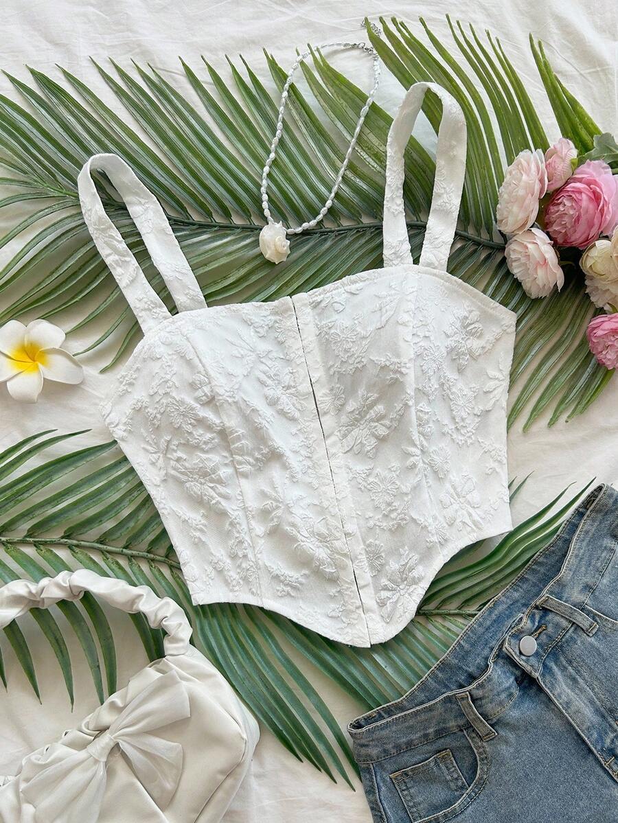 Soleia 女士不对称下摆无袖提花梭织前开襟纽扣上衣，适合度假、派对、圣诞节、约会、波西米亚风等场合。 - 白色 - 查看 1