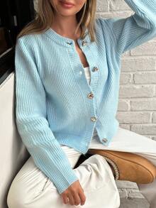 EURMUSE Áo len cardigan nút trái tim sợi mềm màu xanh dành cho nữ - Màu xanh lam - Xem 6