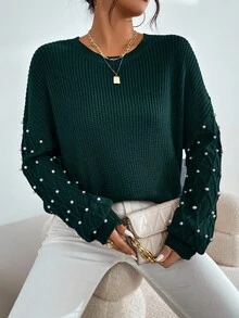 EURMUSE Solid Color Casual Crew Neck Long Sleeve Pullover Women Sweaters - Dark Green - View 6