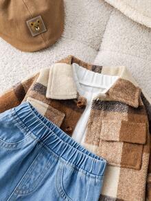 SHEIN 3件套男女通用婴儿格子衬衫、外套、牛仔裤三件套，秋冬季婴儿服装 - 彩色 - 查看 9