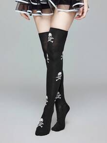 ROMWE Grunge Punk 1双暗摇滚哥特式白色骷髅过膝黑色袜子 - 黑色 - 查看 4