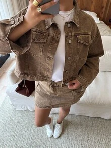 Dripcurv 大码女式浅棕色无弹力牛仔外套，休闲宽松版型，复古风格，适合新年穿着。 - 卡其色 - 查看 6