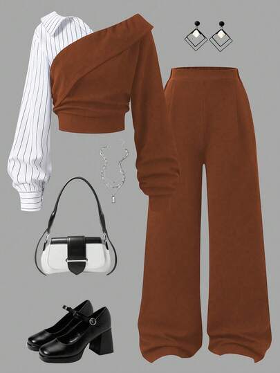 2pcs/Set Women & Teen GirlFashion Elegant Commuter Outfit, Solid Color Striped Blouse + Loose Wide Leg Pants Set Fall Winter