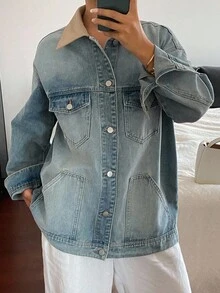 DAZY Women's Loose Casual Patchwork Denim Jacket - Blue - View 1