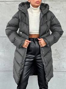 EURMUSE Women's Solid Color Hooded Zipper Front Long Sleeve Padded Coat, Winter - Grey - View 1