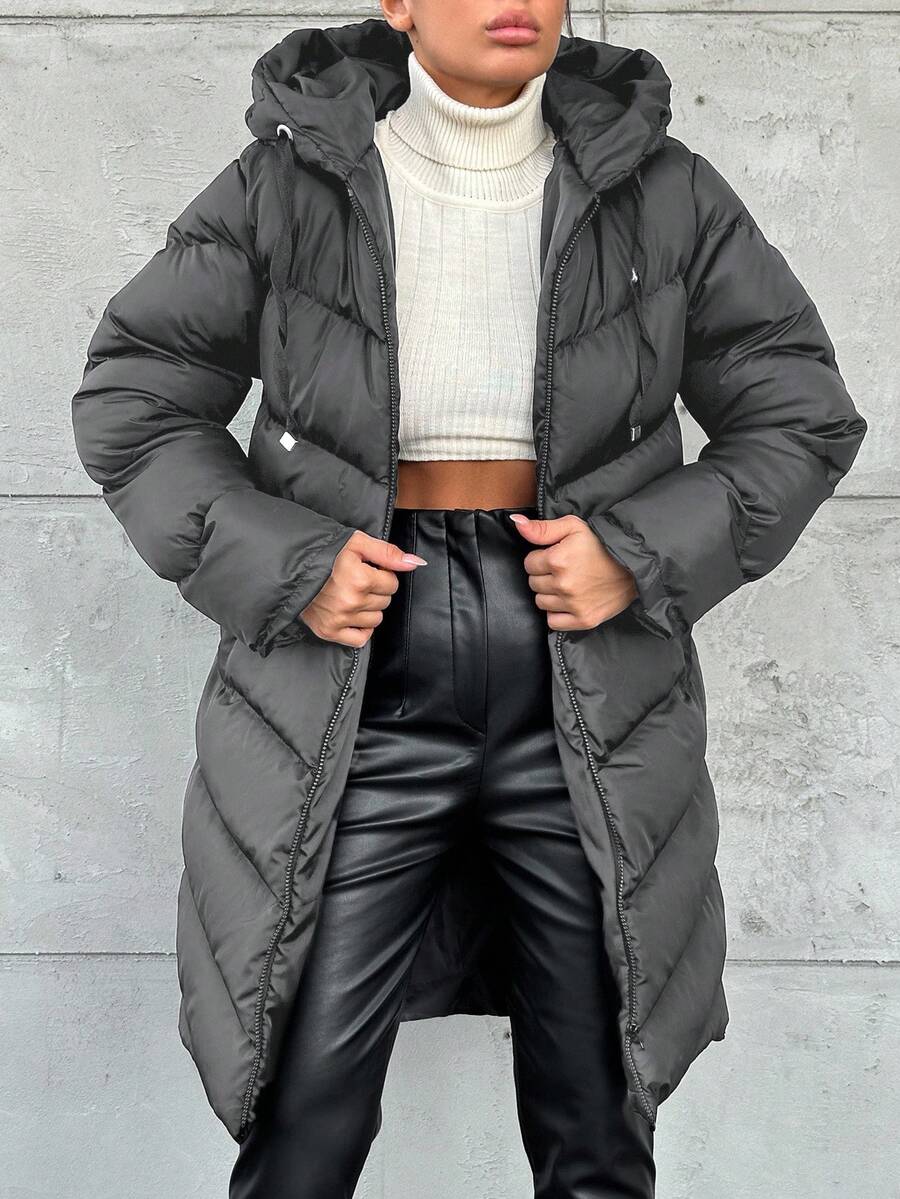 EURMUSE Women's Solid Color Hooded Zipper Front Long Sleeve Padded Coat, Winter - Grey - View 1
