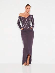 KIZN Bộ đồ dài tay trễ vai chấm bi kim loại có chi tiết khoét sâu, dáng dài maxi, thích hợp mặc đi tiệc tối, câu lạc bộ - Bụi tím - Xem 6