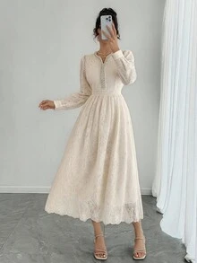 DAZY 高端法式蕾丝长袖连衣裙，V领雪纺优雅礼服，秋冬新款连衣裙 - 杏色 - 查看 6