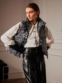 Chiquease Palton căptușit cu imprimeu digital și fermoar fără mâneci pentru femei - Alb-negru - Vizualizare 5