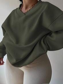 秋冬大码休闲纯色落肩宽松卫衣 - 墨綠色 - 查看 5