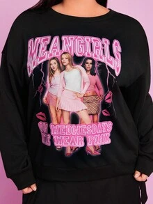 Mean Girls | SHEIN Bluza z okrągłym dekoltem w dużym rozmiarze, z nadrukiem i portretem, jesień - Czarne - Zobacz 3