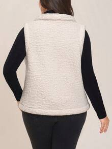 Comfylo 大码女式纯色单排扣休闲羊毛背心夹克，秋冬 - 杏色 - 查看 4