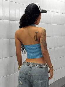 StreetHx Women's English Text & Striped Print Street Style Tank Top - Blue - View 2