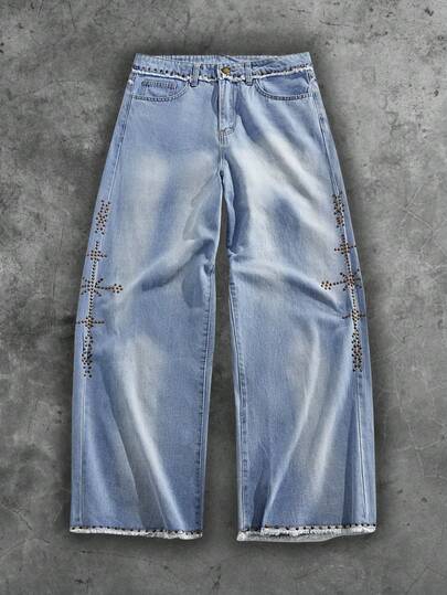 Street Life Jeans en denim délavé avec poches obliques, détails de rivets effilochés, style casual de rue pour hommes
