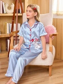SHEIN 女童仿丝条纹小猫印花开衫睡衣套装 - 藍白色 - 查看 1