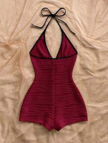 Soleia Women's Casual Vacation New V-Neck Halter Tie Bow Front Hollow Out Black & White Contrast Trim Bodycon Ribbed Jumpsuit, Versatile For Party, Date, Afternoon Tea, Beach