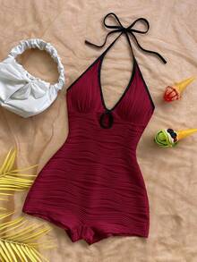 Soleia Women's Casual Vacation New V-Neck Halter Tie Bow Front Hollow Out Black & White Contrast Trim Bodycon Ribbed Jumpsuit, Versatile For Party, Date, Afternoon Tea, Beach