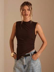 SHEIN BAE Áo ba lỗ cổ đứng xếp ly viền bất đối xứng màu trơn dành cho nữ - Cà phê nâu - Xem 4