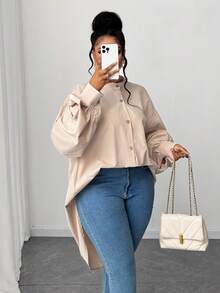 Maweii Áo sơ mi tay bồng cổ đứng dáng rộng cỡ lớn, thích hợp mặc đi làm, mùa thu/đông - Màu Khaki - Xem 7