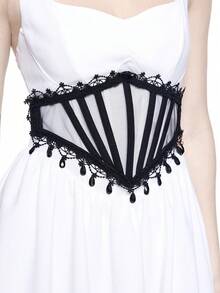 ROMWE Grunge Punk 1pc Women's Black Mesh Lace Rhinestone Pendant Tie-Up Decor Elastic Waist Belt Corset Dress Accessory, Goth Style For Halloween Costume - Black - View 7